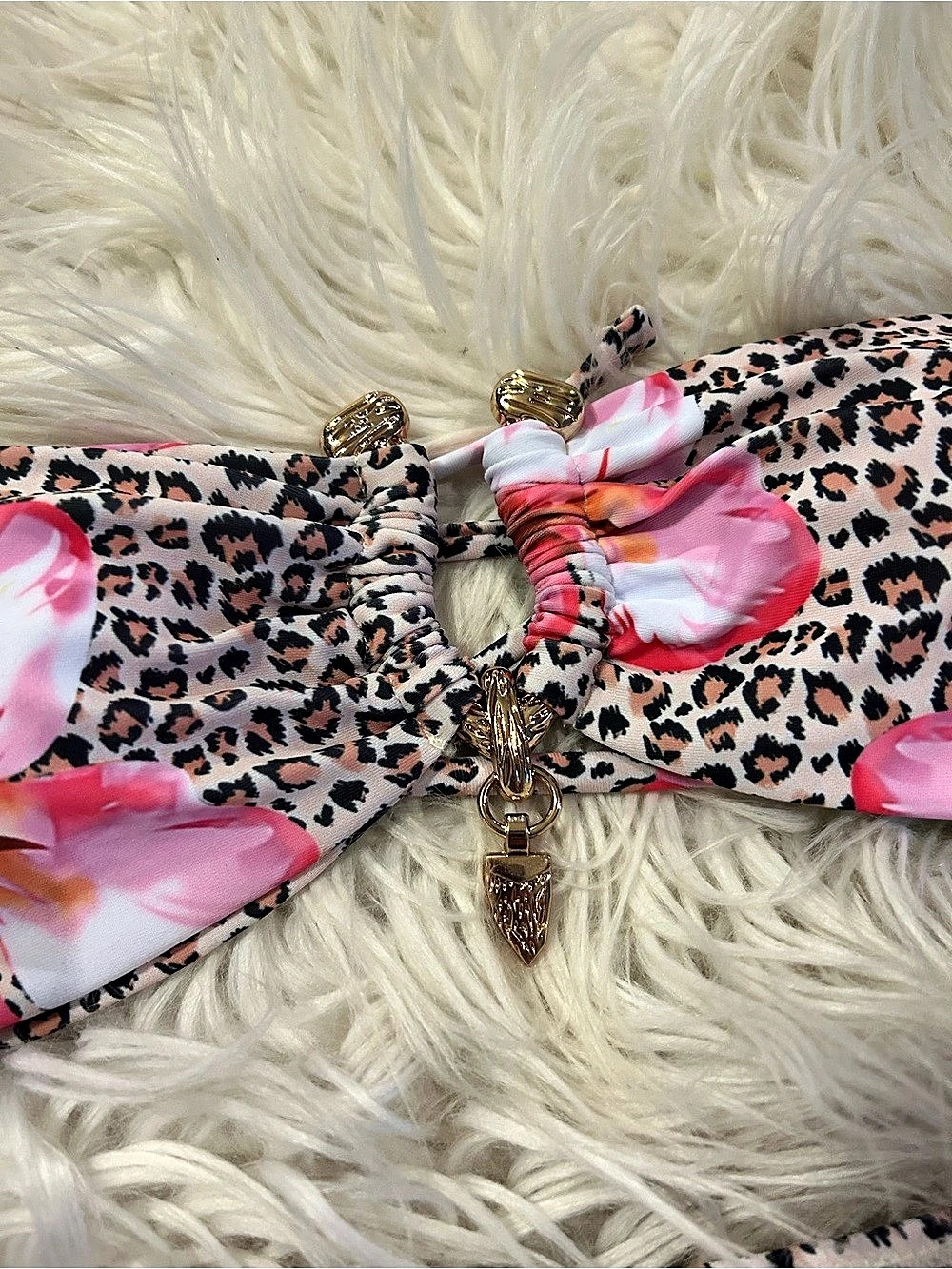 Leopard Hibiscus Print Gold-Tone Clasp High Waist Bikini Set - Picture 2 of 2